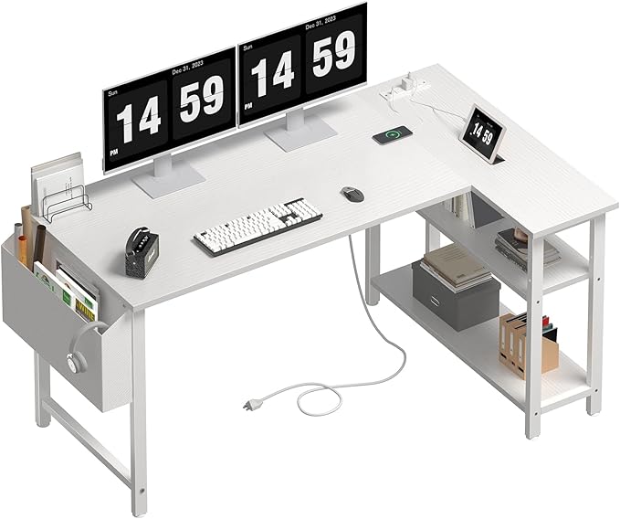 Lufeiya White L Shaped Computer Desk with Power Outlet Shelves, 47 Inch Corner Desk for Home Office Bedroom, L-Shaped Study Writing Working PC Desks, White
