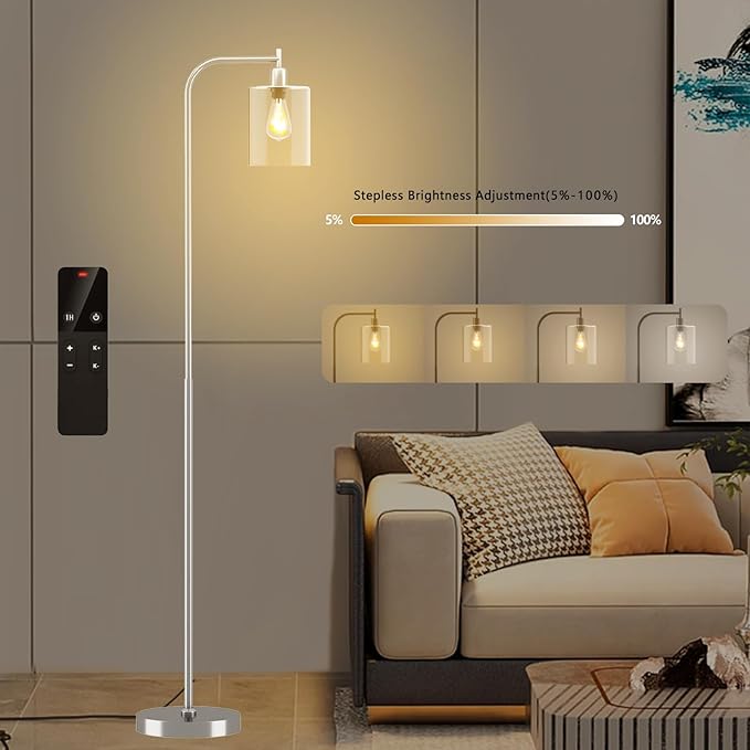 Industrial Floor Lamp with Glass Shade, Modern Dimmable Floor lamp with Remote LED Bulbs, Tall Lamp for Living Room Corner, Bedroom, Office (Brushed Nickel)