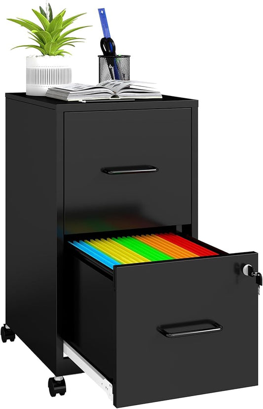 2 Drawer File Cabinet on Wheels,Mobile Filing Cabinets with Lock,Metal Storage Cabinet,Vertical Filing Cabinets for Home Office,Rolling File Cabinet for Under Desk,Amssebly Required, Black