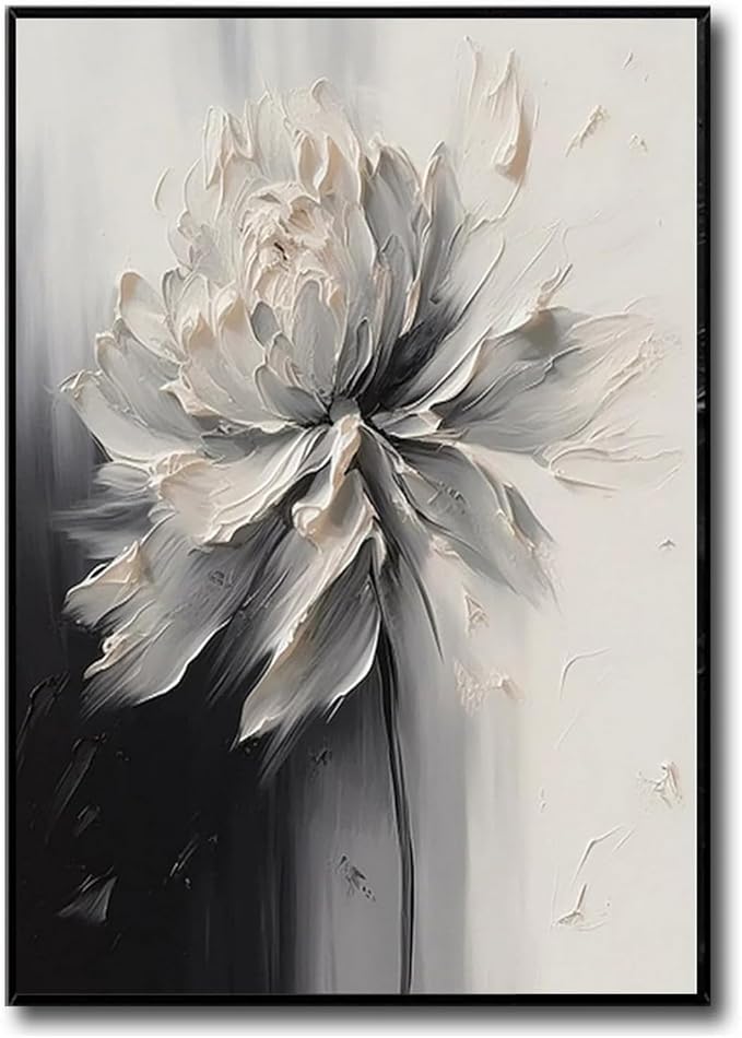 Hand Painted White And Black Flower Canvas Wall Art for Living Room,Large Framed Floral Oil Painting for Bedroom, Modern 3D Floral Artwork Wall Decor for Office Home Decor 28" x 40"
