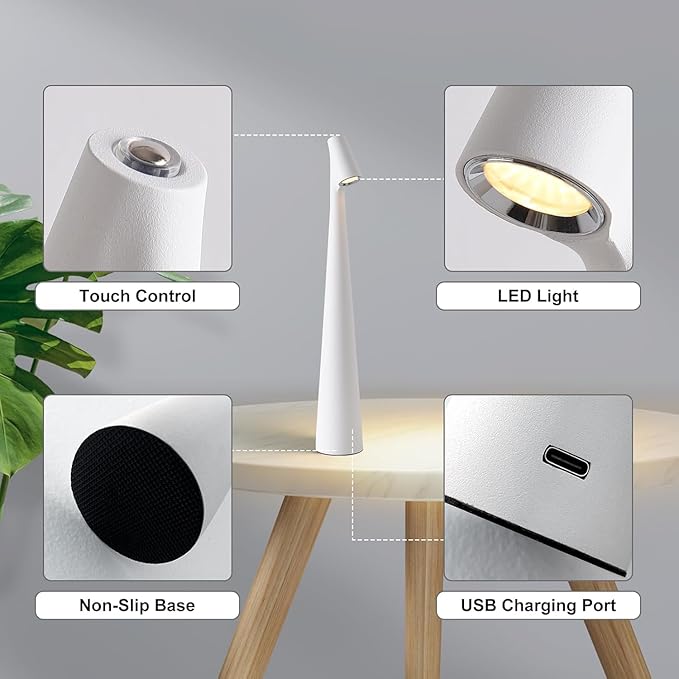 Portable LED Table Lamp with Touch Control, White, 3 Brightness Levels,2000mAh Battery, USB Rechargeable, Cordless, 4500K Color Temperature