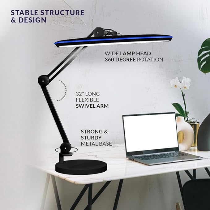 Neatfi XL 24W LED Desk Lamp with Base – 2,200 Lumens | 23” Wide Shade | Dimmable Eye-Caring Task Light | Adjustable Arm | Office, Study, Crafting & Nail Techs (Black, Non-CCT with Base)
