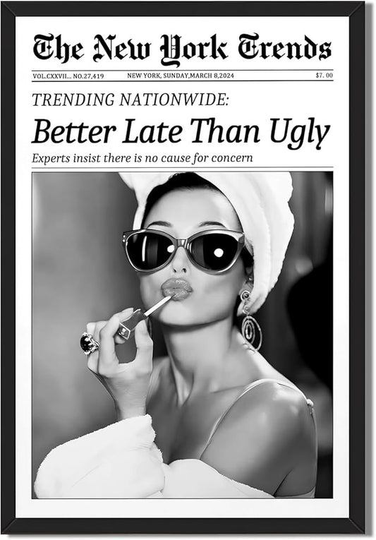 Framed Better Late Than Ugly Wall Decor Vintage Newspaper Wall Art Black and White Fashion Poster Audrey Hepburn Chic Decor New York Trends Glam Quote Canvas Print for Bedroom Bathroom Dorm 12x16inch