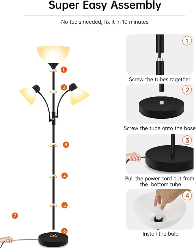 Floor Lamp, Torchiere Floor Lamps for Living Room, 71 Inch Tall Standing Lamp, Bedroom Lamps with Reading Light, Rotary Switch, 3 Plastic Lampshade, Torch Floor lamps for Bedroom (Black, No Bulb)
