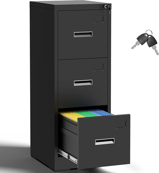 3 Drawer Metal File Cabinet with Lock,Black Steel Filing Cabinets for Home Office Heavy Duty Locking Vertical File Cabinet Storage Cabinet for Legal/Letter Size File,Assembly Required