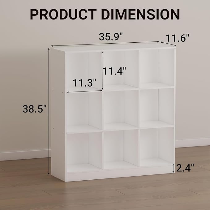 9-Cube Wooden Bookshelf with Base,3-Tier Freestanding Open Storage Organizer,Multi-Functional Bookcase for Living Room,Bedroom,Study and Office (White, 9-Cube)