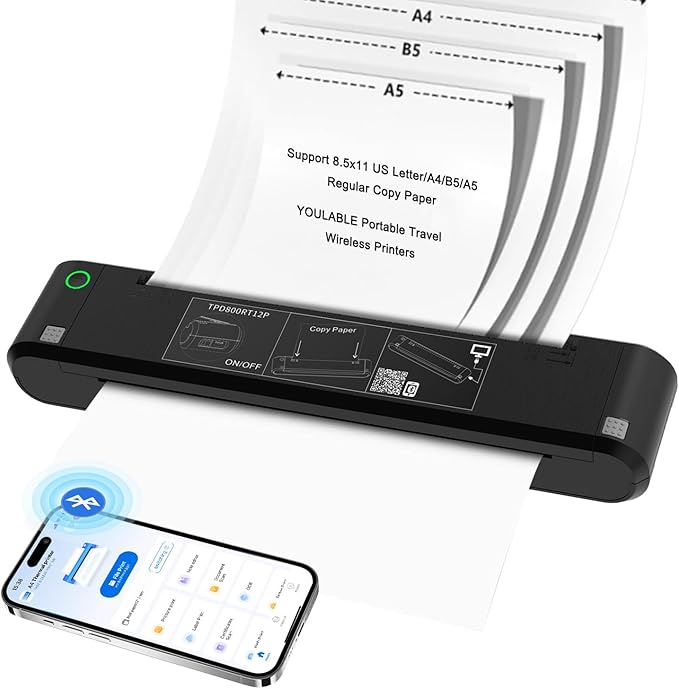 Portable Printers Wireless for Travel - 320 DPI Bluetooth Thermal Printer Support 8.5x11 US Letter & A4 Regular Copy Paper, Inkless Printer Compatible with Mobile & Laptop for Office Home