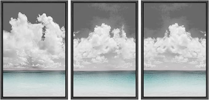 SIGNWIN 3 Piece Framed Canvas Wall Art Clouds Above The Blue Ocean Nature Wilderness Illustrations Abstract Traditional Relax/Calm Home Artwork Decoration for Living Room,Bedroom - 16"x24"x3 Black
