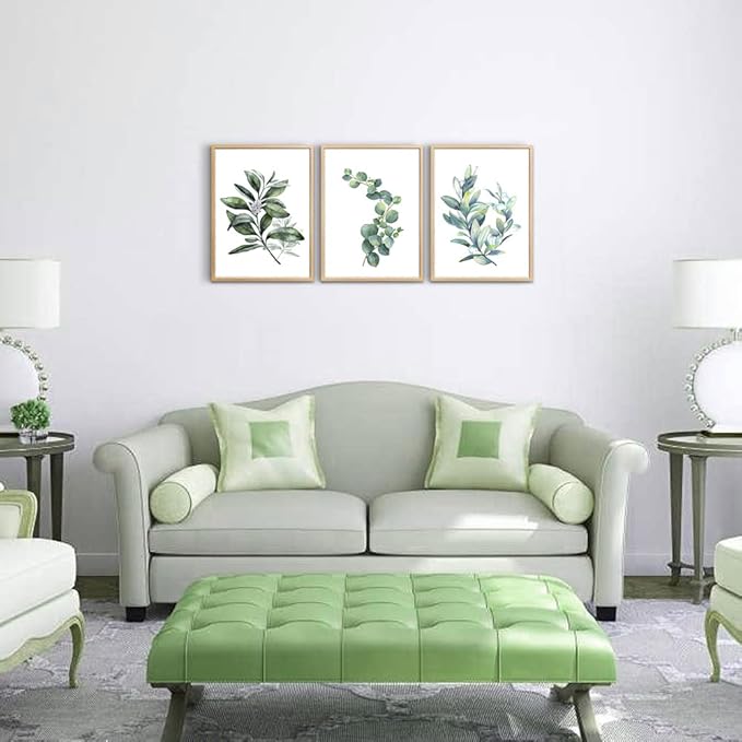 Hyidecorart Wood Framed Wall Art - Large Green Leaves Wall Paintings Set of 3 Piece Framed Prints for Living Room, Bedroom, Kitchen, Office Decor