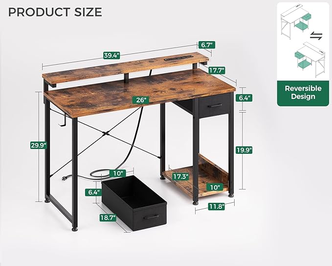 AODK Gaming Desk with LED Lights & Power Outlet, 40 Inch Computer Desk with Drawer, Reversible Small Desk with Monitor Stand & Headphone Hook for Home Office, Rustic Brown