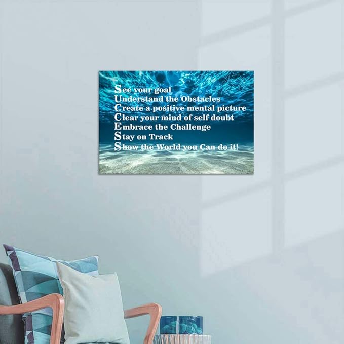 Inspirational Canvas Wall Art Motivational Posters Success Painting Blue Ocean Sea Pictures Positive Motto Office Quotes Prints Artwork for Living Room Teen Bedroom Framed Easy to Hang-16x12 inches
