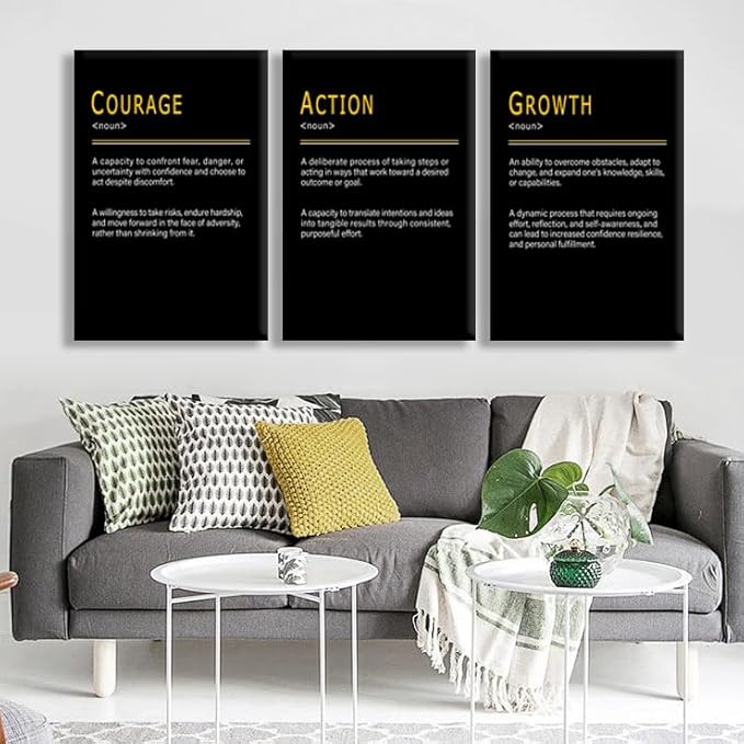 Motivational Wall Decor COURAGE ACTION GROWTH Noun Positive Poster Promote Personal Progress Inspirational Canvas Wall Art for Office Home Bedroom Workplace Framed Ready to Hang [72''Wx 36''H]