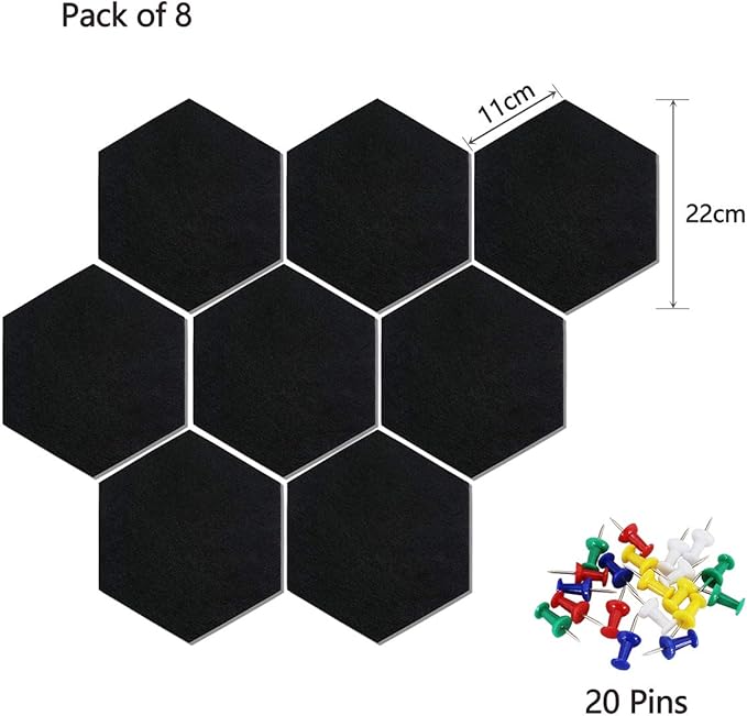 Felt Hexagon Bulletin Board with 20 Push Pins, Pack of 8 Notice Boards for Home Office Kitchen, Push Pin Board Felt Wall Tiles for Photos Memos