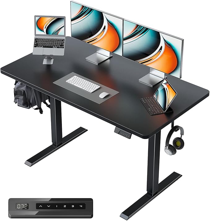 CubiCubi 40 x 24 Small One-Piece Standing Desk, Adjustable Height Electric Computer Home Office Sit Stand up Workstation, with 4 Memory Presets, Headphone Hook, Black
