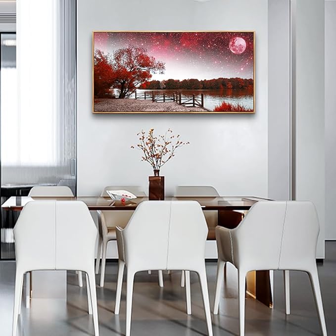 Lapremoly Red Tree Wall Art - Large Wall Decor for Living Room, Bedroom - Starry Sky Moon Landscape - Wood Framed 20" X 40"