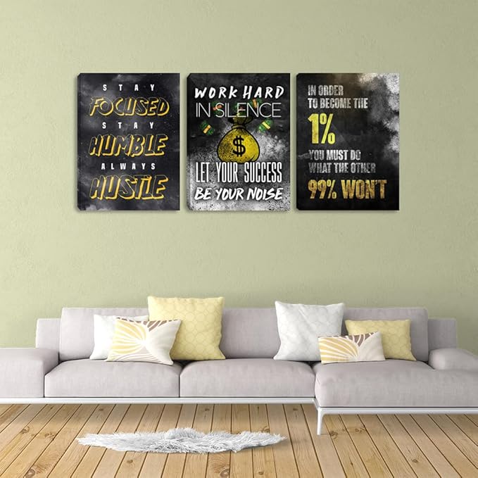 Motivational Canvas Wall Art Inspirational Office Wall Art Hustle Posters Wall Decor Entrepreneur Success Quote Paintings Picture 3 Pieces Artwork for Bedroom Home Decor Framed Decorations(48"Wx24"H)