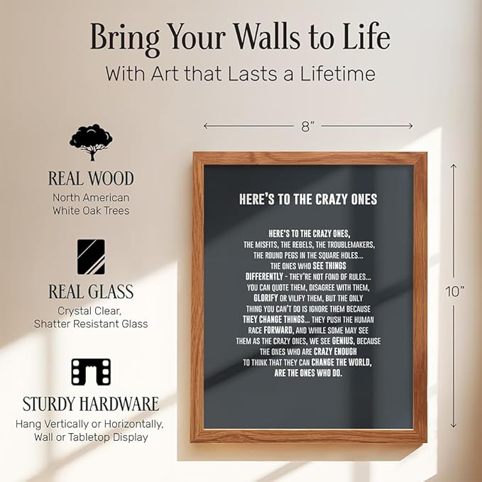 Heres to the Crazy Ones Entrepreneurial Motivational Quote -8x10 Art Print, Home Decor FRAMED - Inspirational Wall Art Poster - Unique Room Decorations for Office, Den - Gift for Entrepreneur, Boss