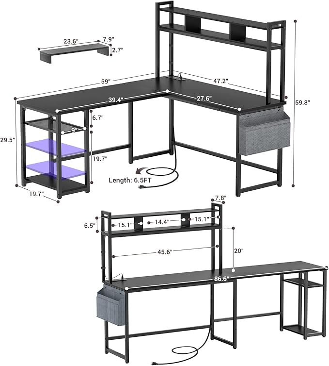 Aheaplus L Shaped Desk with Power Outlet & LED Strip, Reversible L-Shaped Corner Computer Desks Gaming Desk with Storage Shelf & Monitor Stand, Modern 2 Person Home Office Desk, Writing Desk, Black