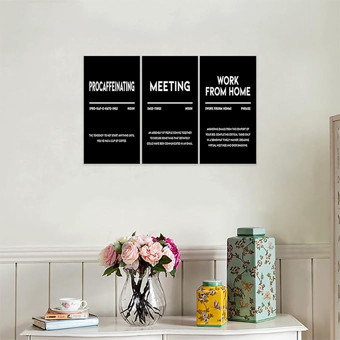 3 Piece Inspirational Canvas Wall Art, Quotes "Procaffeinating - Meeting - Work From Home" Motivational Print Pictures, Triptych Entrepreneur Poster Framed Artwork for Men Women Room Decor(36"Wx24" H)