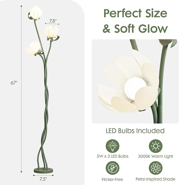 Vintage Floral Floor Lamp with 3 Adjustable LED Heads, Green Standing Lotus Light for Living Room Bedroom, 67" Tall Artistic Metal Lamp with Petal Shades, Foot Switch, LED Bulbs Included