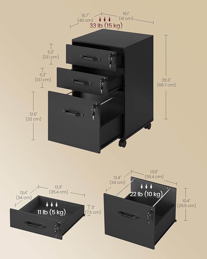 VASAGLE Mobile File Cabinet, 3 Drawers Filing Cabinet with Wheels, for Home Office, for A4, Letter Sized Documents, Adjustable Hanging Rail for File Folders, Lockable, Ink Black UOFC084BC01S