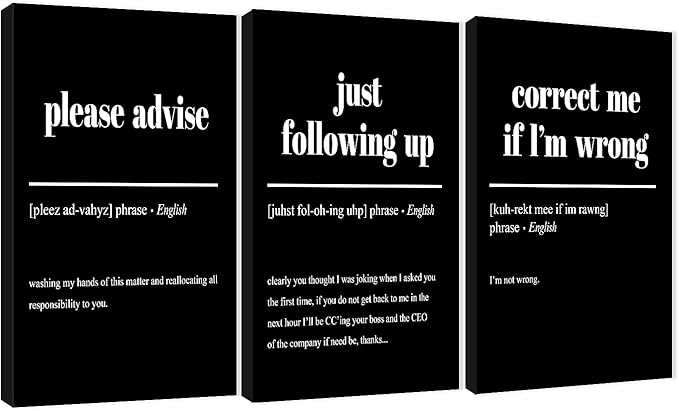 3 Piece Inspirational Canvas Wall Art, Quotes "Please Advise - Just Following up - Correct me if I'm Wrong" Motivational Print Pictures Office Decor, Framed Artwork for Home Wall Decor (36"Wx18" H)