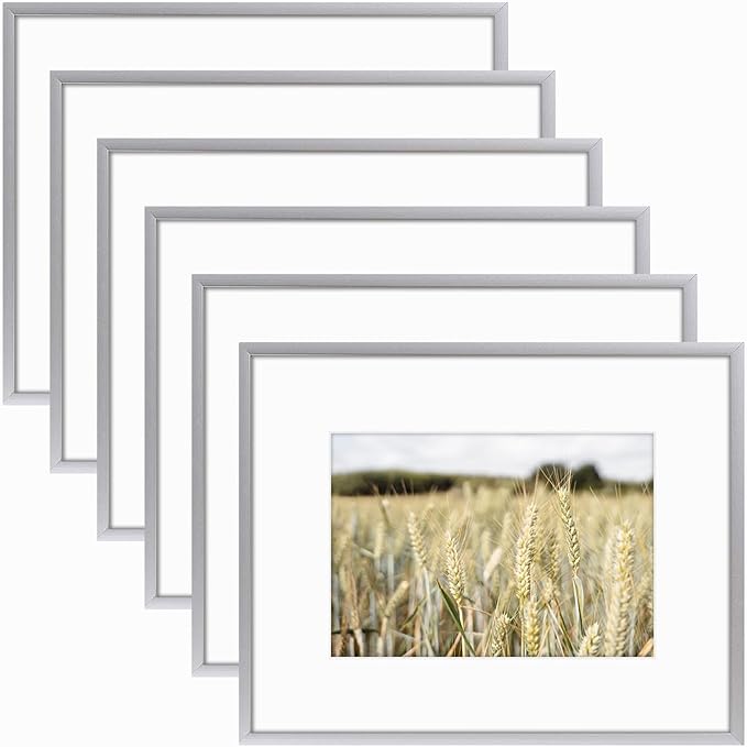 Golden State Art, Gallery Wall Frame Set of 6 - Silver 8x10 Aluminum Photo Frames with Mat for 5x7 Pictures - 8 x 10 inch Metal Frame with Real Glass Cover - Elegant Home or Office Decor