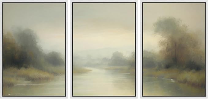 SIGNWIN Framed Wall Art Print Set Misty River Landscape Soft Neutral Nature Scene Photography Modern Art Closeup Relax/Calm Dark for Living Room, Bedroom, Office - 16"x24"x3 White
