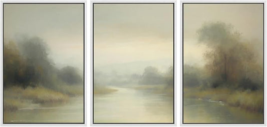 SIGNWIN Framed Wall Art Print Set Misty River Landscape Soft Neutral Nature Scene Photography Modern Art Closeup Relax/Calm Dark for Living Room, Bedroom, Office - 16"x24"x3 White