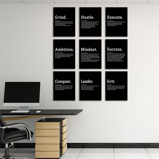 COSCTOR Set of 9 Motivational Wall Art Decor Inspirational Posters Quotes Framed Canvas Pictures Grind Hustle Execute for Workplace Office Garage Gym Classroom Bedroom(Framed,12x16)