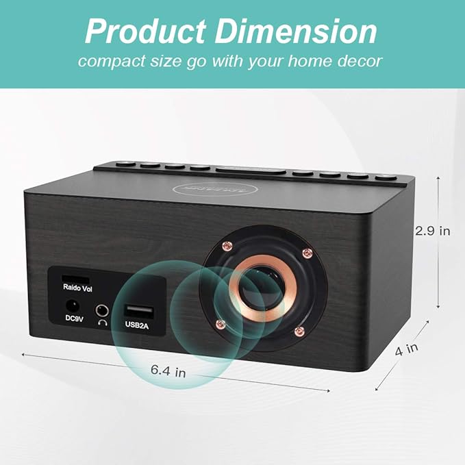 ANJANK Wooden Digital Alarm Clock FM Radio,10W Qi Certified Fast Wireless Charging Station for iPhone/Samsung Galaxy,5 Level Dimmer,USB Charger,9 Wake up Sounds, Bedroom, Bedside, Desk, Nightstand