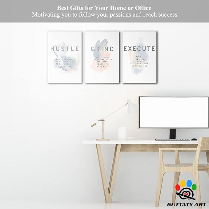 Office Wall Art - 3 Panel Motivational Wall Art, Inspirational Quotes Canvas Art for Home Office Wall Decor, Positive Quotes Wall Decor, Entrepreneur Grind Hustle Execution Poster Frame (12”x24”x3Pcs)