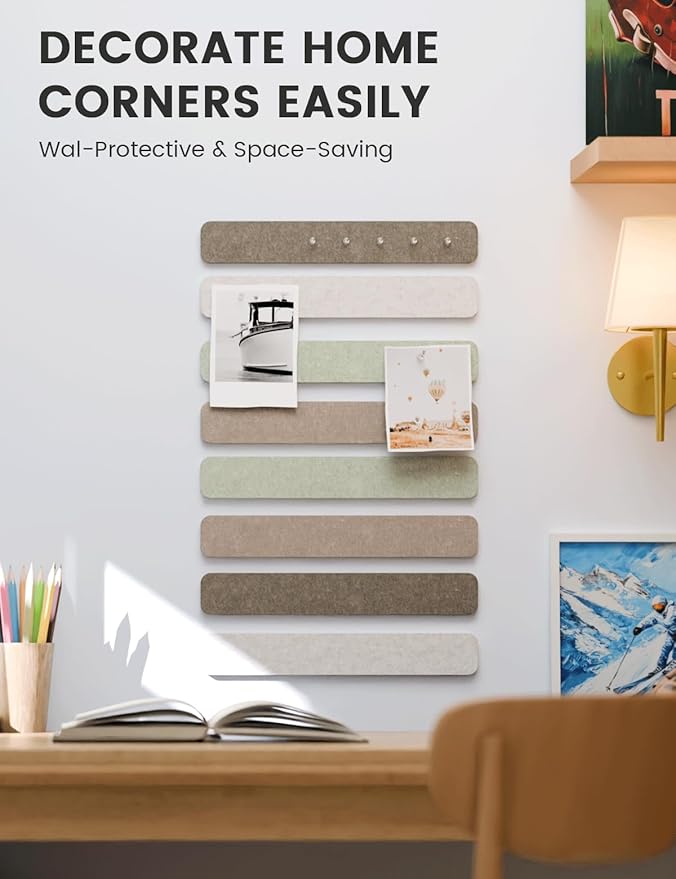 Fluxynara Cork Board Alternative Felt Strip Board 8-Pack 13"x2", Office Pin Board with 50 Push Pins, Adhesive Install for Bedroom Door & Home Office(Linen Dusk)