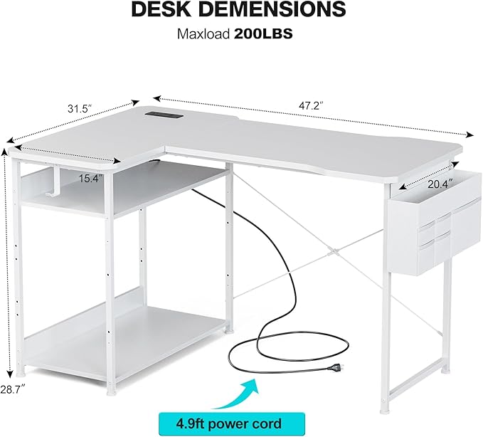 L Shaped Gaming Desk 48 Inch - Computer Corner Desk with Power Outlets, Reversible Shelves & Storage Bag for Home Office, PC Gaming Table, White Carbon
