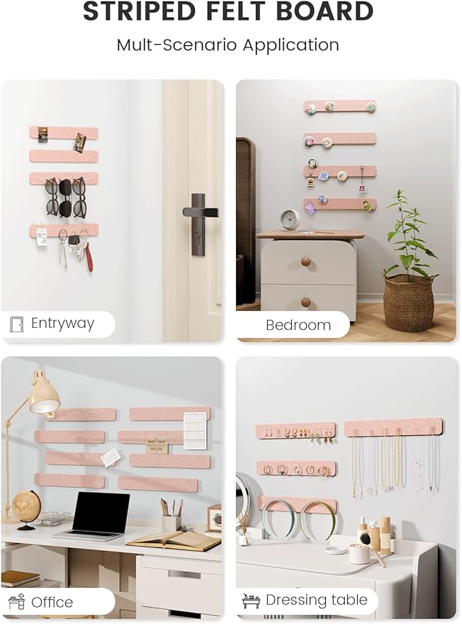 Fluxynara Cork Board Alternative Felt Strip Board 8-Pack 13"x2", Office Pin Board with 50 Push Pins, Adhesive Install for Bedroom Door & Home Office(Pink)