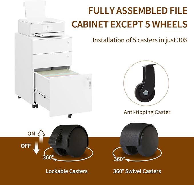 Mobile File Cabinet with 3 Locks, 3 Drawer File Cabinets for Home Office, Under Desk Metal Filing Cabinet for A4/Letter/Legal, Lockable, Fully Assembled Except castors, White