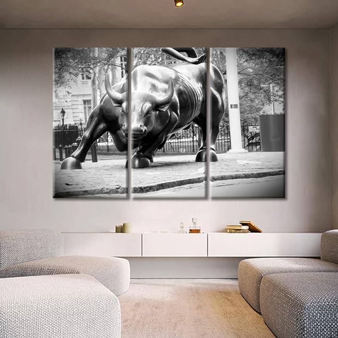 3 Panels Black and White Wall Art Paintings for Home Decor, Wall Street Bull Picture Print on Canvas Giclee Modern Artwork Gallery-Wrapped Framed Stretched Ready to Hang - 60" Wx40 H