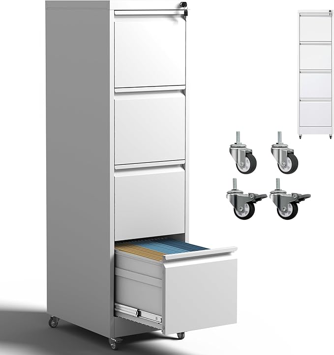 4 Drawer Mobile File Cabinet with Lock,White Metal Filing Cabinets with Wheels,Vertical File Cabinet for Home Office,Heavy Duty Rolling Storage Cabinet for A4/Letter/Legal Size,Assembly Required