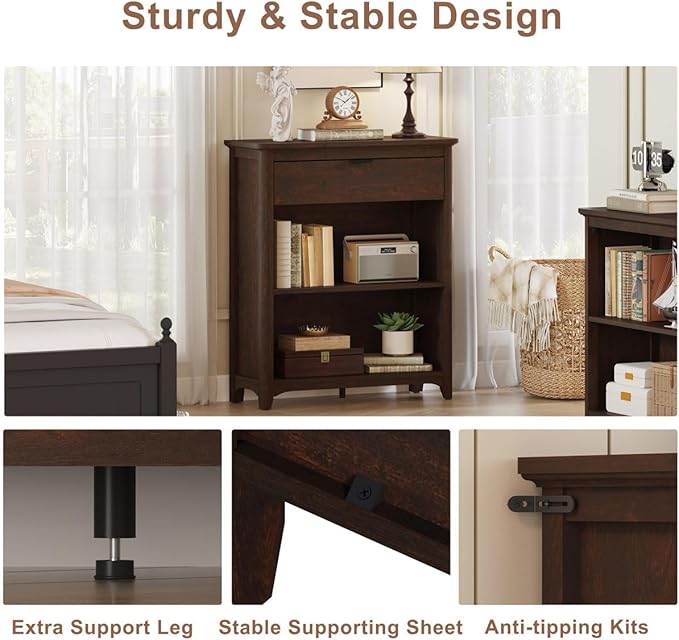 BON AUGURE Bookcase with Drawer, Open Storage Book Cases/Shelves, Floor Standing 3 Shelf Bookshelf for Farmhouse Living Room, Library Office, Bedroom, Kids (Brown Cherry)