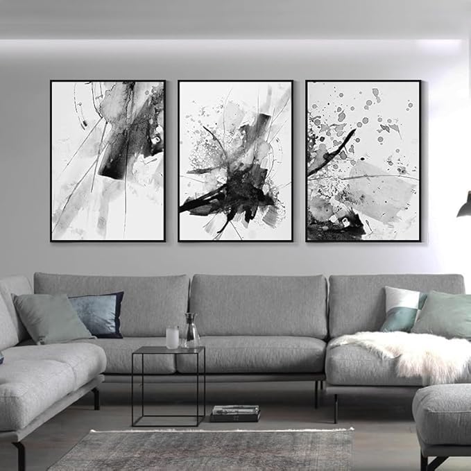 Abstract Black and White Wall Art Modern Artwork for Walls Ink Texture Painting Canvas Prints Watercolor Fluid Lines Pictures Framed Bedroom Office Living Room Bathroom Decorations 12"x16"x3