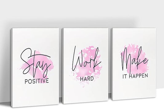SHMAO Pink Office Canvas Wall Art Motivational Wall Decor, 3 Piece Stay Work Make Print Pictures for Office Wall Decor Women Inspirational Framed Artwork Home Office Decor 12”x18”x3 Panels