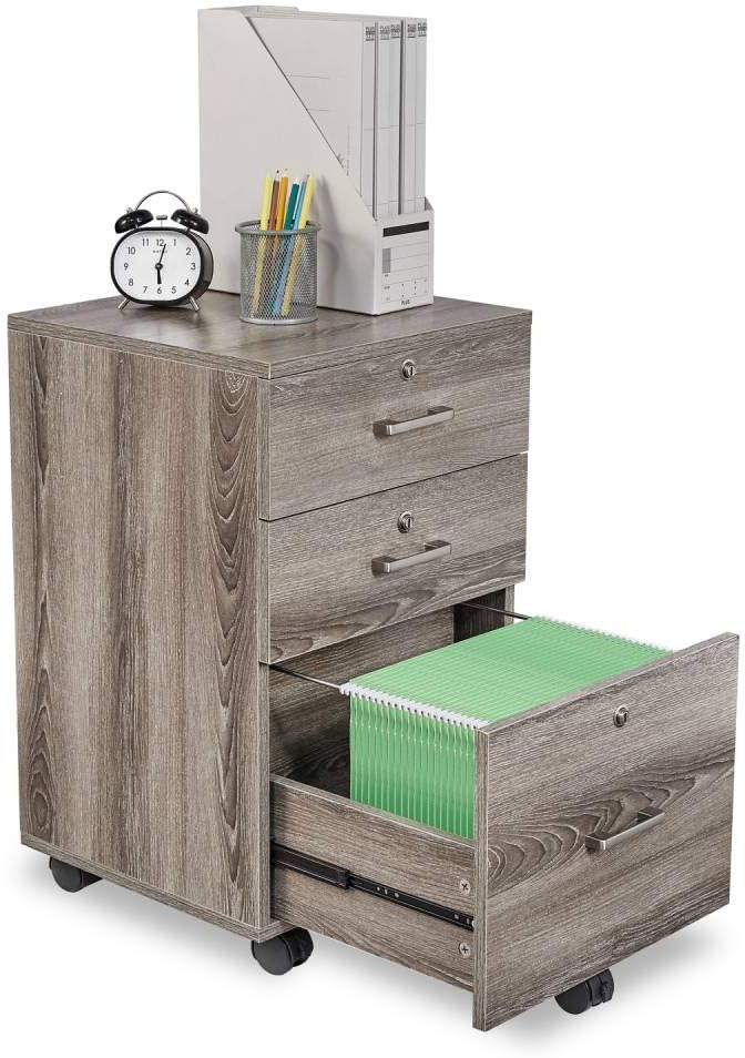 Bonnlo 26"H 3 Drawer File Cabinet With Lock, Rolling Under Desk, Mobile for Home Office, Wood Printer Stand for Letter Size Filings, Assembly Required, Gray Oak