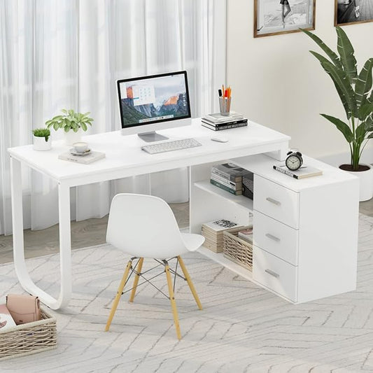 FUFU&GAGA 55.1" Large L-Shaped Office Desk with 41.3" File Cabinet, Corner Computer Desk with 3 Drawers & 2 Shelves, Workstation Executive Desk with Storage Shelf for Home Office, White