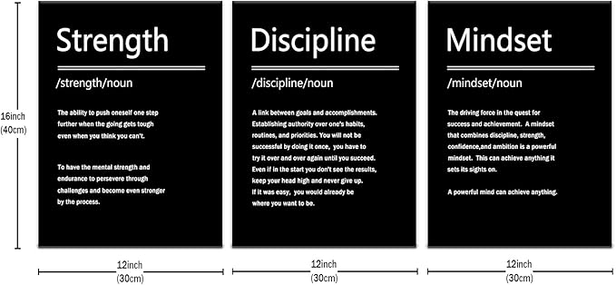Inspirational Canvas Wall Art Strength Discipline Mindset 3 Pieces Poster Print Motivational Quotes Office Decor Picture Painting Artwork for Modern Home Bedroom Bathroom Ready to Hang [36''W x 16''H]