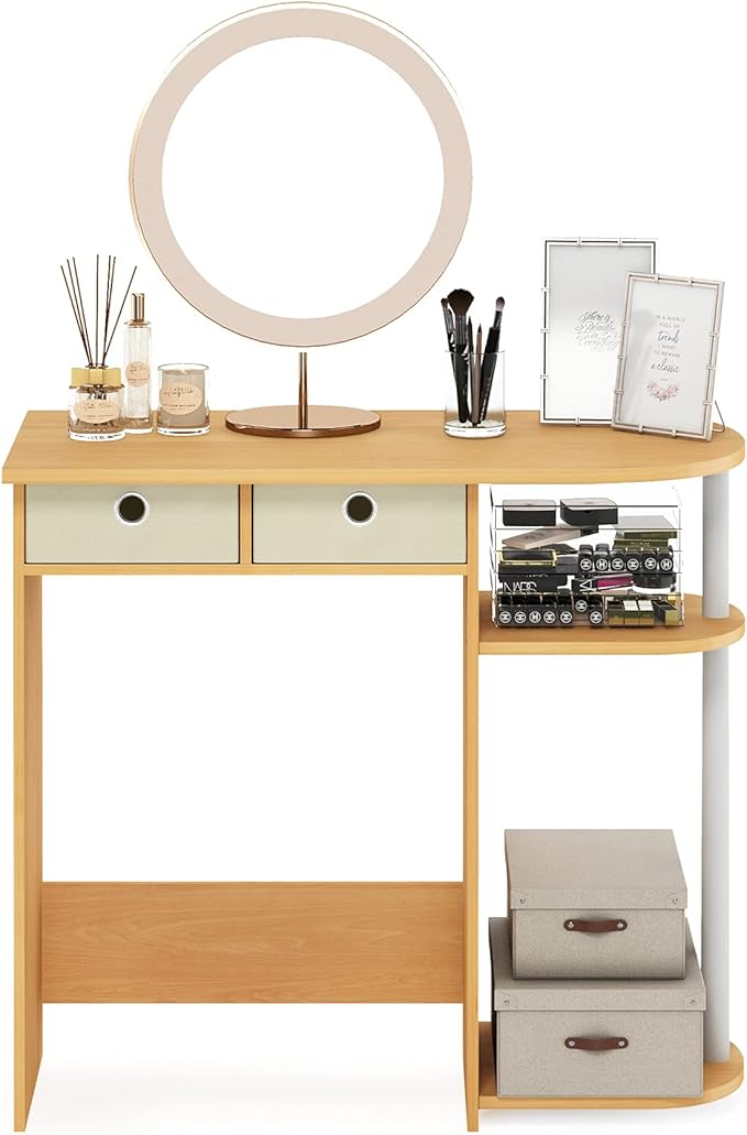Furinno GO GREEN Desk, 31.5" Wide Gaming Desk with 2 Side Shelves and Storage Bins, Computer Desk, Office Desk for Home Office, Study Room, Dorm, Bedroom, Beech