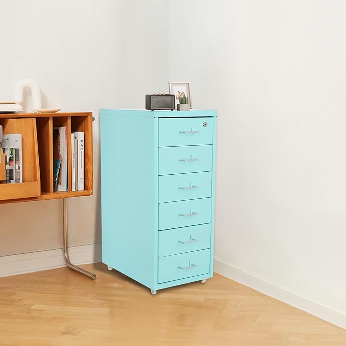 6 Drawer Rolling Metal Filing Cabinet, Metal Vertical Filing Cabinets with Lock, Rolling Under Desk Steel Lockable Filing Cabinets with Wheel, Vertical Files Cabinet for Home Office