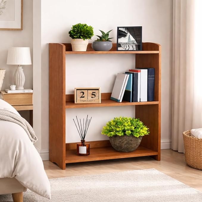 Narrow Bookcase by Natural Wood, 4 Tier Bookshelf, Small Book Shelves Freestanding Display Storage Shelves. Open Bookshelf for Bedroom, Living Room and Office (Brown, 3 Tier Simple)