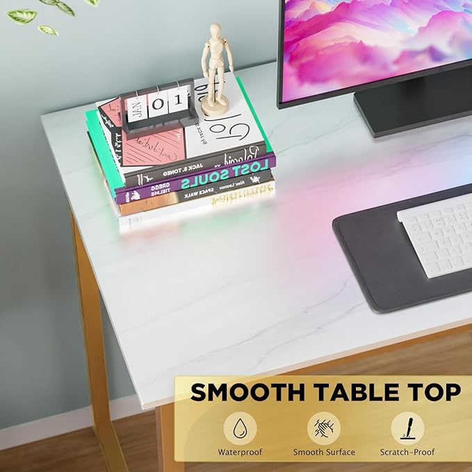 Computer Desk, 39 Inch Office Desk with Metal Frame, Home Office Desk, Modern Simple Style for Small Space Home Office, Living Room, Bedroom, White Gold