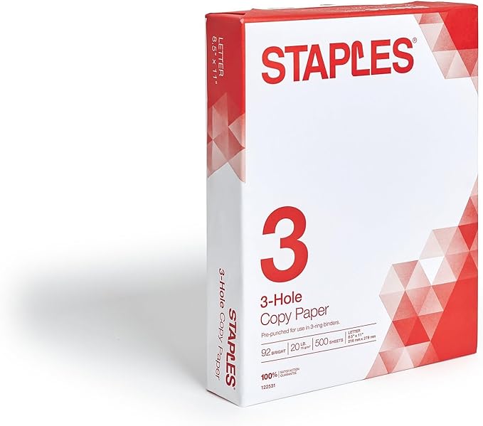 Staples 8.5-Inch X 11-Inch 3 Hole Copy Paper 20 Lbs. 92 Brightness 500/Ream, For Office, School & Home