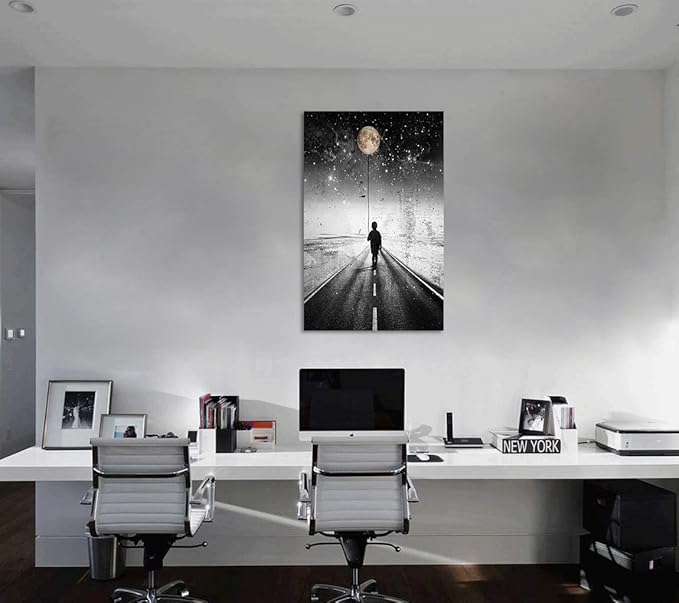 Yatsen Bridge The Road Inspirational Canvas Wall Art, Boy Walking in the Moonlight Canvas Picture Art Print, Modern House Wall Decorations Stretched and Framed Ready to Hang - 28x44 inches